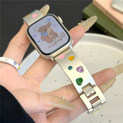 For Apple Watch Series 10 42mm / 9 8 7 41mm / SE (2023) SE (2022) SE 6 5 4 40mm / 3 2 1 38mm Epoxy Heart Pattern Metal Strap