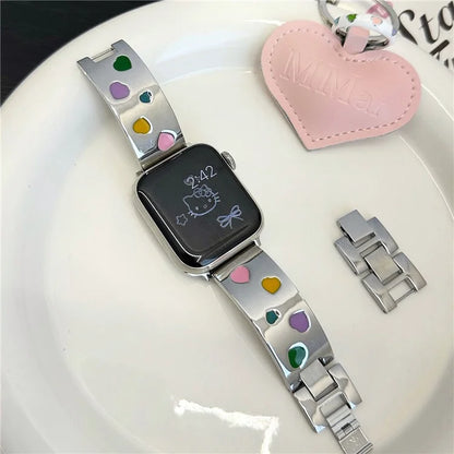 For Apple Watch 10 46mm / Ultra 2 / Ultra 49mm / 9 8 7 45mm / SE (2023) SE (2022) SE 6 5 4 44mm / 3 2 1 42mm Epoxy Heart Pattern Metal Strap