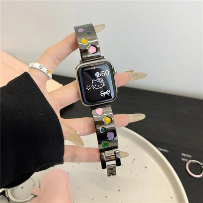 For Apple Watch 10 46mm / Ultra 2 / Ultra 49mm / 9 8 7 45mm / SE (2023) SE (2022) SE 6 5 4 44mm / 3 2 1 42mm Epoxy Heart Pattern Metal Strap