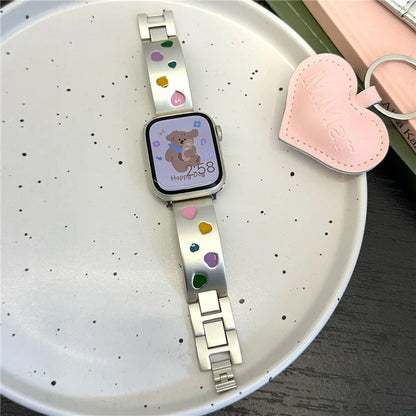 For Apple Watch 10 46mm / Ultra 2 / Ultra 49mm / 9 8 7 45mm / SE (2023) SE (2022) SE 6 5 4 44mm / 3 2 1 42mm Epoxy Heart Pattern Metal Strap
