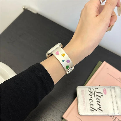 For Apple Watch 10 46mm / Ultra 2 / Ultra 49mm / 9 8 7 45mm / SE (2023) SE (2022) SE 6 5 4 44mm / 3 2 1 42mm Epoxy Heart Pattern Metal Strap