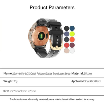 KALEBOL For Garmin Fenix 7S  /  7S Pro  /  6S  /  6S Pro Quickfit 20mm Silicone Band Glacier Translucent Watch Strap