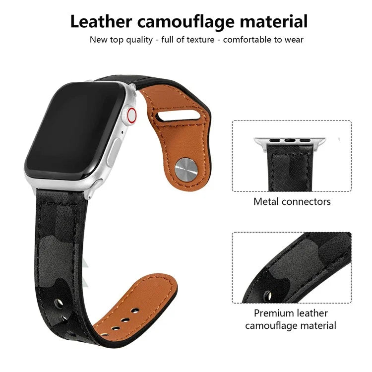 KALEBOL For Apple Watch Series 10 42mm / 9 8 7 41mm / SE (2023) SE (2022) SE 6 5 4 40mm / 3 2 1 38mm Genuine Cow Leather Strap Camouflage