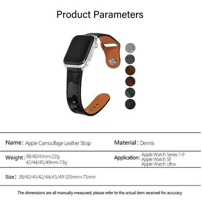 KALEBOL For Apple Watch Series 10 42mm / 9 8 7 41mm / SE (2023) SE (2022) SE 6 5 4 40mm / 3 2 1 38mm Genuine Cow Leather Strap Camouflage
