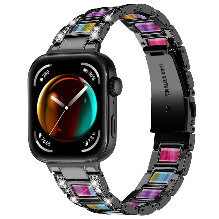For Huawei Watch Fit 3 Metal Alloy Watch Band Rhinestones Resin Wristband Bracelet