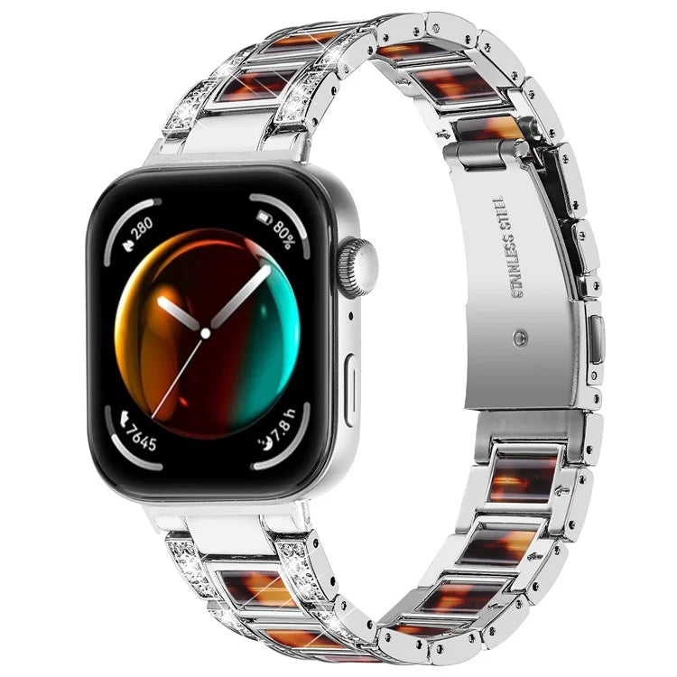 For Huawei Watch Fit 3 Metal Alloy Watch Band Rhinestones Resin Wristband Bracelet