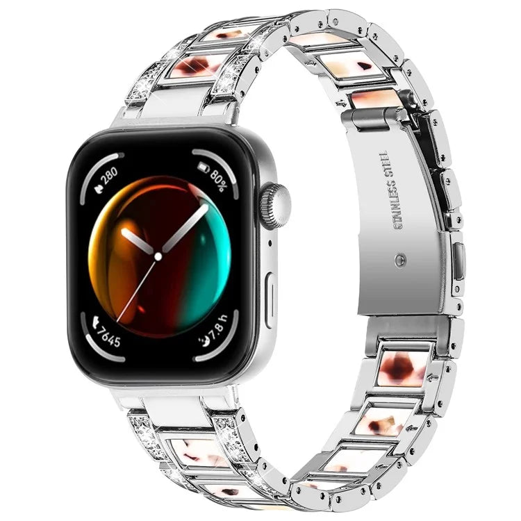 For Huawei Watch Fit 3 Metal Alloy Watch Band Rhinestones Resin Wristband Bracelet