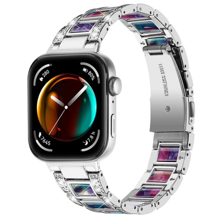 For Huawei Watch Fit 3 Metal Alloy Watch Band Rhinestones Resin Wristband Bracelet