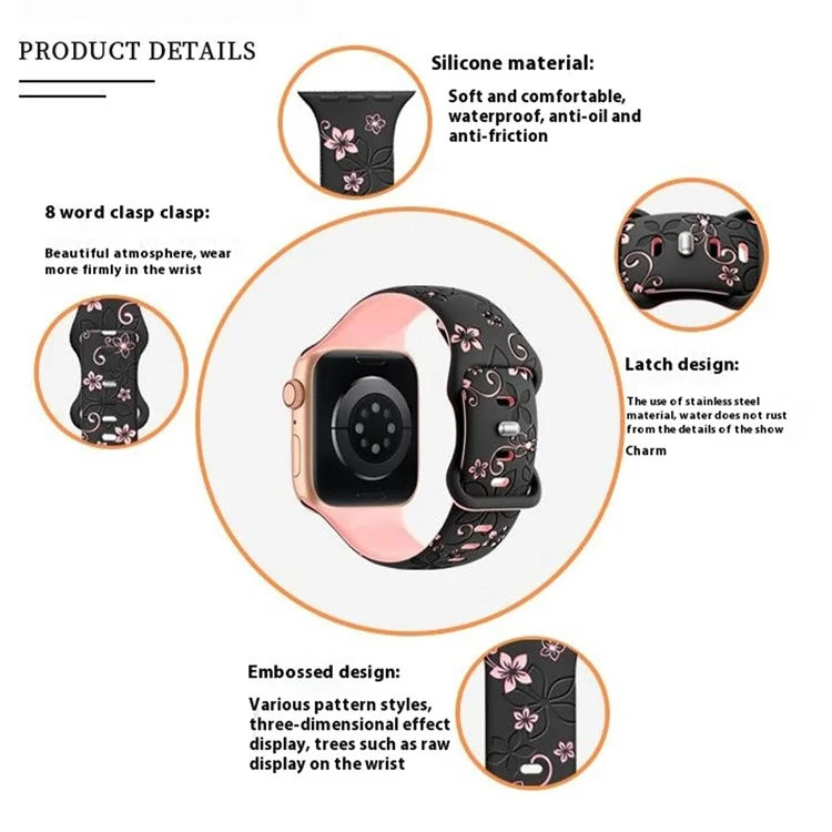 For Apple Watch 10 46mm / Ultra 2 / Ultra 49mm / 9 8 7 45mm / SE (2023) SE (2022) SE 6 5 4 44mm / 3 2 1 42mm Silicone Floral Band