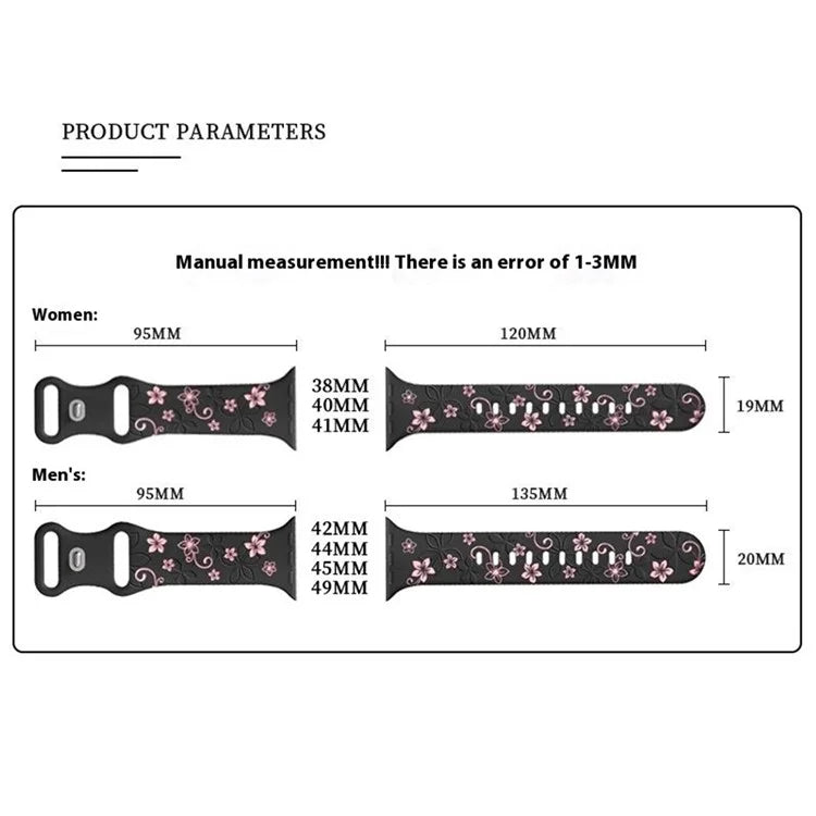 For Apple Watch 10 42mm / 9 8 7 41mm / SE (2023) SE (2022) SE 6 5 4 40mm / 3 2 1 38mm Silicone Flower Pattern Band