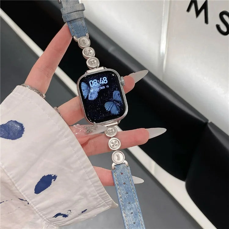 For Xiaomi Mi Band 9  /  9 NFC  /  Smart Band 8  /  8 NFC Denim Watch Band Metal Button Replacement Strap