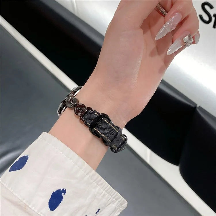 For Xiaomi Mi Band 9  /  9 NFC  /  Smart Band 8  /  8 NFC Denim Watch Band Metal Button Replacement Strap