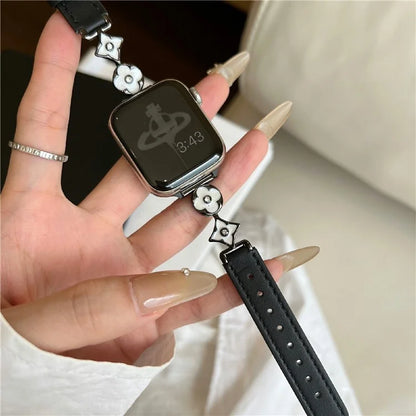 For Apple Watch 10 42mm / 9 8 7 41mm / SE (2023) SE (2022) SE 6 5 4 40mm / 3 2 1 38mm Leather Watch Band with Floral Connector