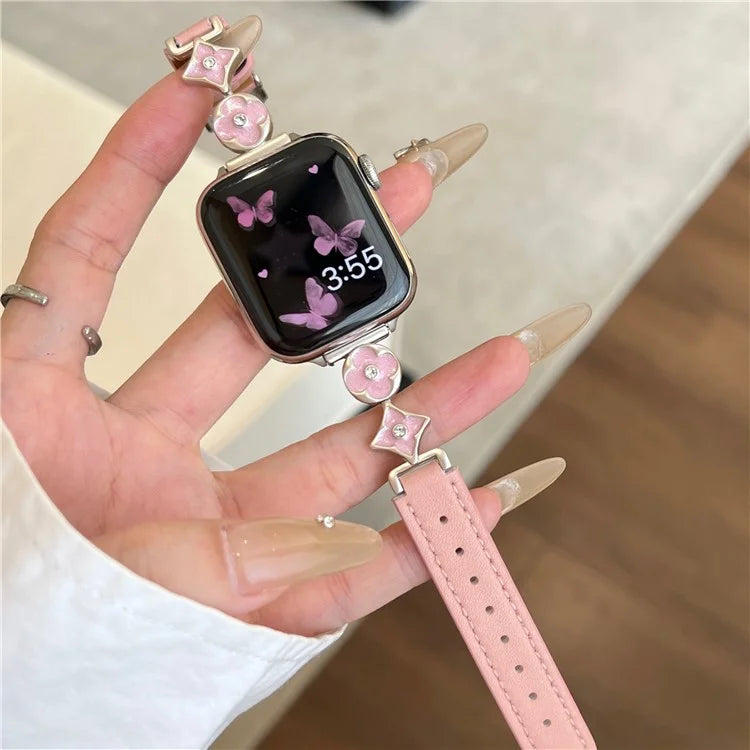 For Apple Watch 10 42mm / 9 8 7 41mm / SE (2023) SE (2022) SE 6 5 4 40mm / 3 2 1 38mm Leather Watch Band with Floral Connector