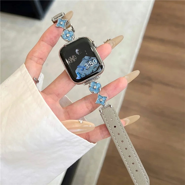For Apple Watch 10 42mm / 9 8 7 41mm / SE (2023) SE (2022) SE 6 5 4 40mm / 3 2 1 38mm Leather Watch Band with Floral Connector
