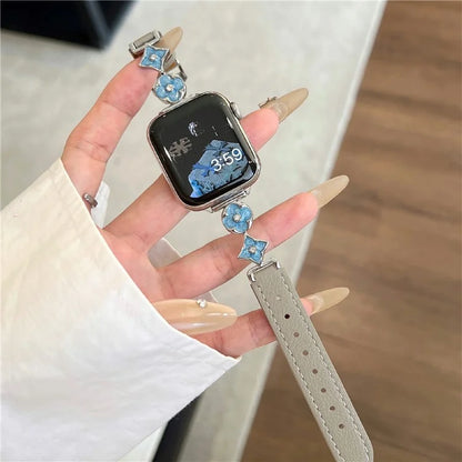 For Apple Watch 10 42mm / 9 8 7 41mm / SE (2023) SE (2022) SE 6 5 4 40mm / 3 2 1 38mm Leather Watch Band with Floral Connector
