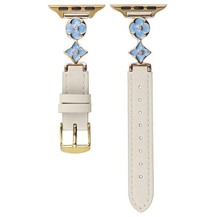 For Apple Watch 10 42mm / 9 8 7 41mm / SE (2023) SE (2022) SE 6 5 4 40mm / 3 2 1 38mm Leather Watch Band with Floral Connector