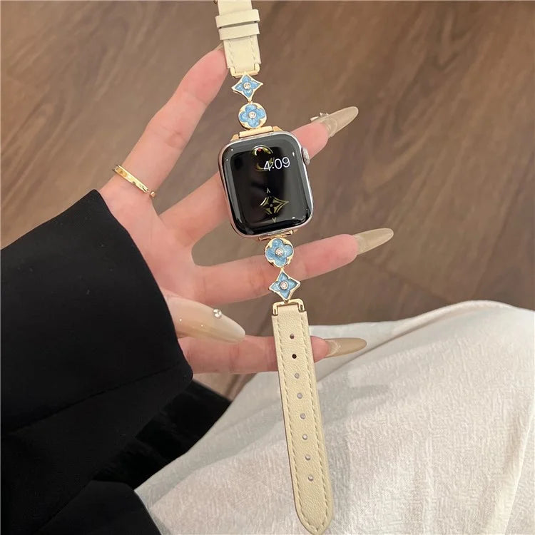 For Apple Watch 10 42mm / 9 8 7 41mm / SE (2023) SE (2022) SE 6 5 4 40mm / 3 2 1 38mm Leather Watch Band with Floral Connector
