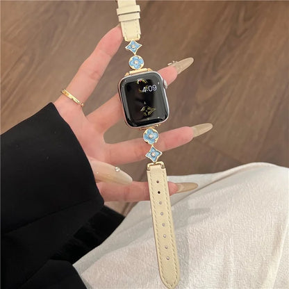 For Apple Watch 10 42mm / 9 8 7 41mm / SE (2023) SE (2022) SE 6 5 4 40mm / 3 2 1 38mm Leather Watch Band with Floral Connector