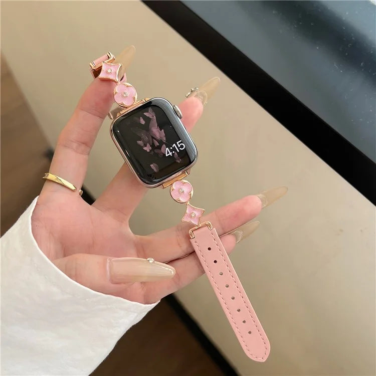 For Apple Watch 10 42mm / 9 8 7 41mm / SE (2023) SE (2022) SE 6 5 4 40mm / 3 2 1 38mm Leather Watch Band with Floral Connector