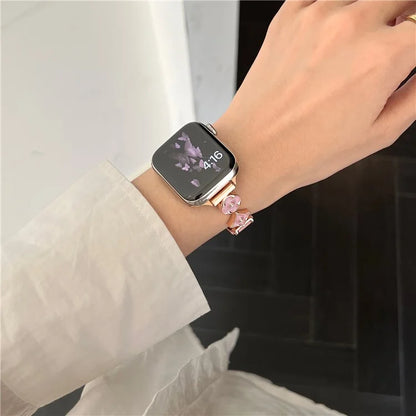 For Apple Watch 10 42mm / 9 8 7 41mm / SE (2023) SE (2022) SE 6 5 4 40mm / 3 2 1 38mm Leather Watch Band with Floral Connector