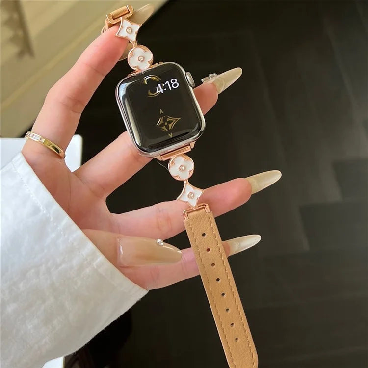 For Apple Watch 10 42mm / 9 8 7 41mm / SE (2023) SE (2022) SE 6 5 4 40mm / 3 2 1 38mm Leather Watch Band with Floral Connector