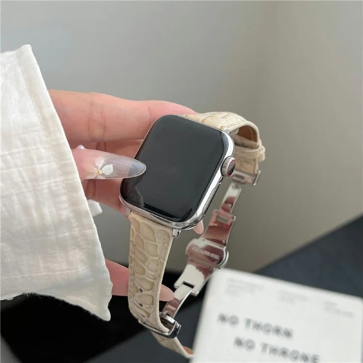 For Apple Watch 10 46mm / Ultra 2 / Ultra 49mm / 9 8 7 45mm / SE (2023) SE (2022) SE 6 5 4 44mm / 3 2 1 42mm Crocodile Texture Leather Strap