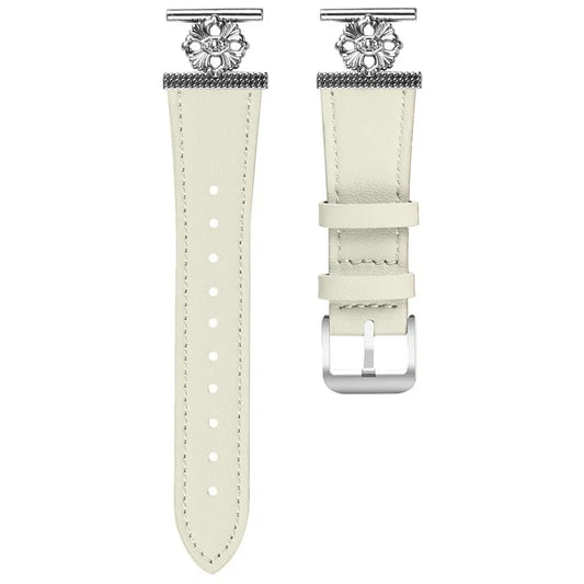 For Huami Amazfit Pop Pro Watch Band Genuine Cow Leather Flower Decor Adjustable Strap