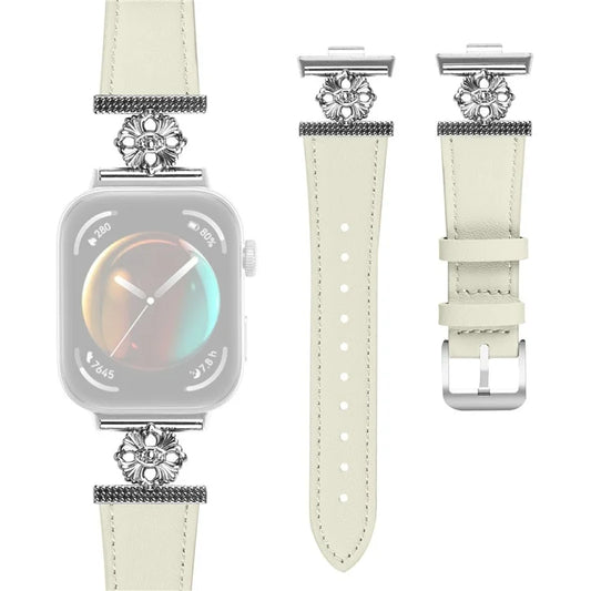 For Huawei Watch Fit 3 Watch Band Genuine Cow Leather Flower Decor Adjustable Strap