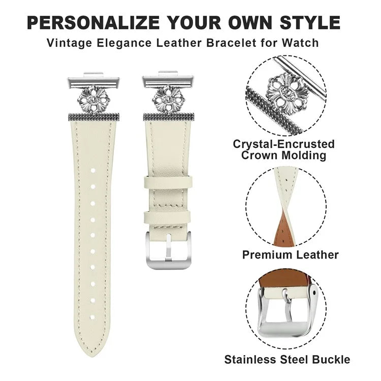For Huawei Watch Fit 3 Watch Band Genuine Cow Leather Flower Decor Adjustable Strap