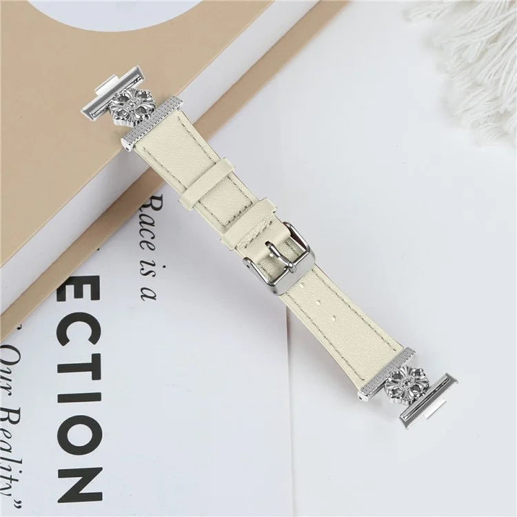 For Huawei Watch Fit 3 Watch Band Genuine Cow Leather Flower Decor Adjustable Strap