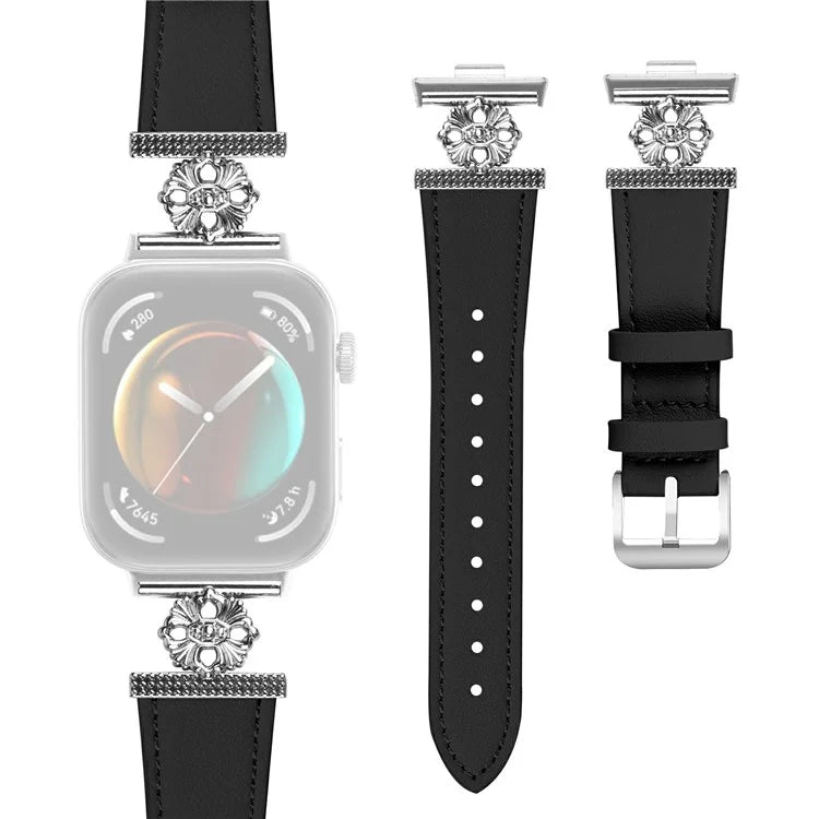 For Huawei Watch Fit 3 Watch Band Genuine Cow Leather Flower Decor Adjustable Strap