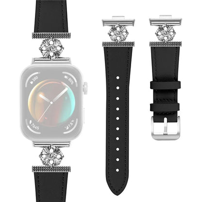 For Huawei Watch Fit 3 Watch Band Genuine Cow Leather Flower Decor Adjustable Strap