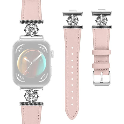 For Huawei Watch Fit 3 Watch Band Genuine Cow Leather Flower Decor Adjustable Strap
