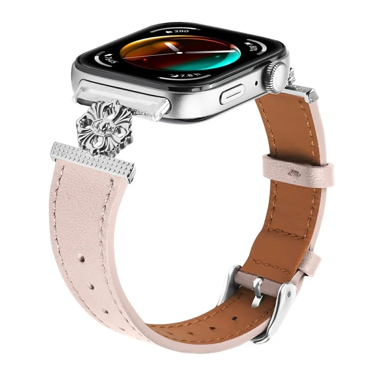 For Huawei Watch Fit 3 Watch Band Genuine Cow Leather Flower Decor Adjustable Strap