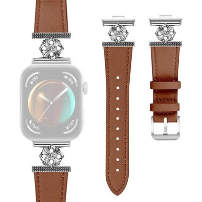 For Huawei Watch Fit 3 Watch Band Genuine Cow Leather Flower Decor Adjustable Strap