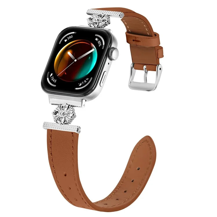For Huawei Watch Fit 3 Watch Band Genuine Cow Leather Flower Decor Adjustable Strap