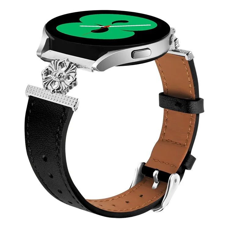 For Samsung Galaxy Watch4 40mm / 44mm Watch Band Genuine Cow Leather Flower Decor Adjustable Strap