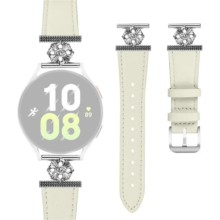 For Samsung Galaxy Watch4 Classic 42mm / 46mm Watch Band Genuine Cow Leather Flower Decor Adjustable Strap