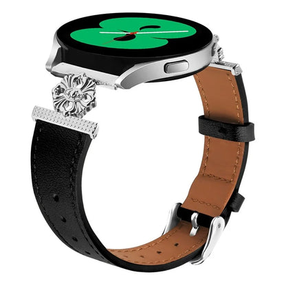 For Samsung Galaxy Watch4 Classic 42mm / 46mm Watch Band Genuine Cow Leather Flower Decor Adjustable Strap
