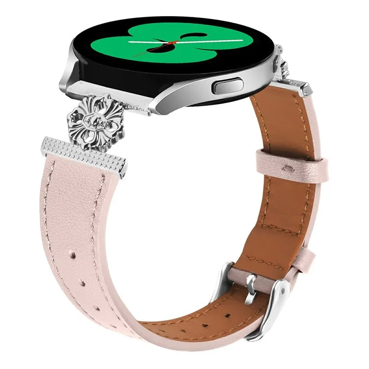 For Samsung Galaxy Watch4 Classic 42mm / 46mm Watch Band Genuine Cow Leather Flower Decor Adjustable Strap