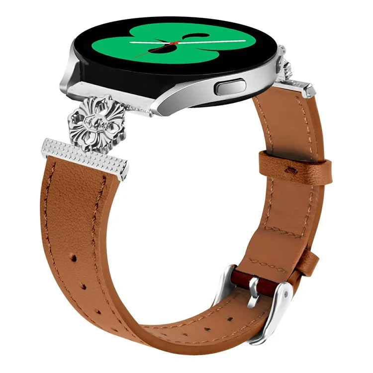 For Samsung Galaxy Watch4 Classic 42mm / 46mm Watch Band Genuine Cow Leather Flower Decor Adjustable Strap