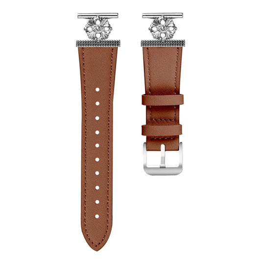 For Garmin Forerunner 245 / 245 Music Watch Band Genuine Cow Leather Flower Decor Adjustable Strap