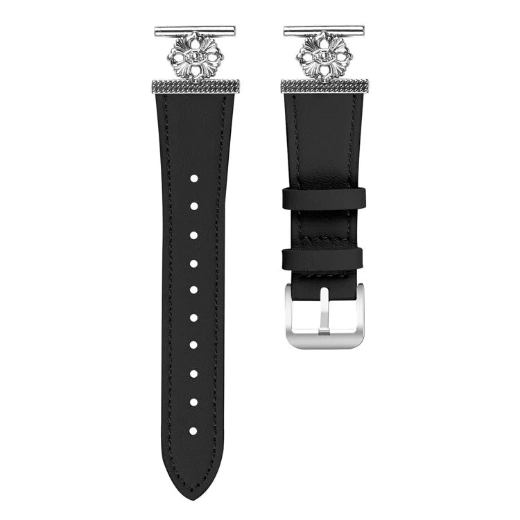 For Garmin Vivomove Luxe / Garminmove Luxe Watch Band Genuine Cow Leather Flower Decor Adjustable Strap