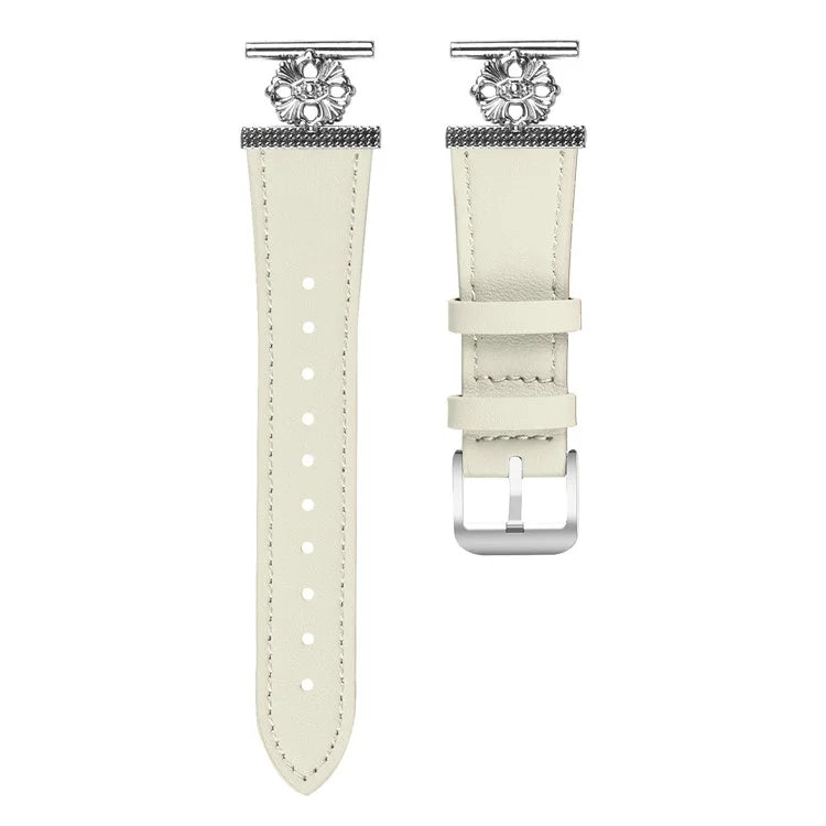 For Garmin Vivomove Luxe / Garminmove Luxe Watch Band Genuine Cow Leather Flower Decor Adjustable Strap