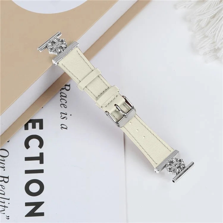 For Garmin Vivomove Trend / Venu Sq 2 Watch Band Genuine Cow Leather Flower Decor Adjustable Strap