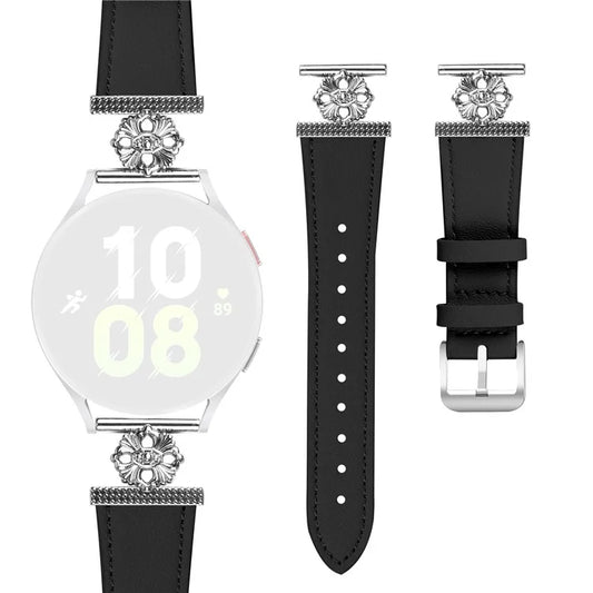 For Garmin vivoactive 5 / Garminactive 5 Watch Band Genuine Cow Leather Flower Decor Adjustable Strap