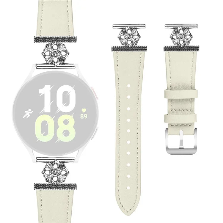 For Garmin vivoactive 5 / Garminactive 5 Watch Band Genuine Cow Leather Flower Decor Adjustable Strap