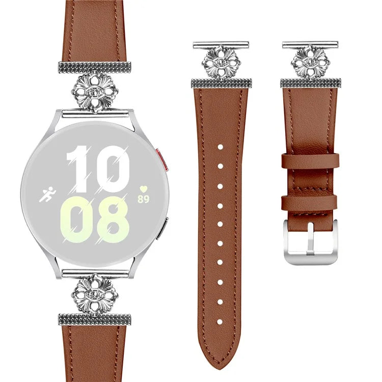 For Garmin vivoactive 5 / Garminactive 5 Watch Band Genuine Cow Leather Flower Decor Adjustable Strap