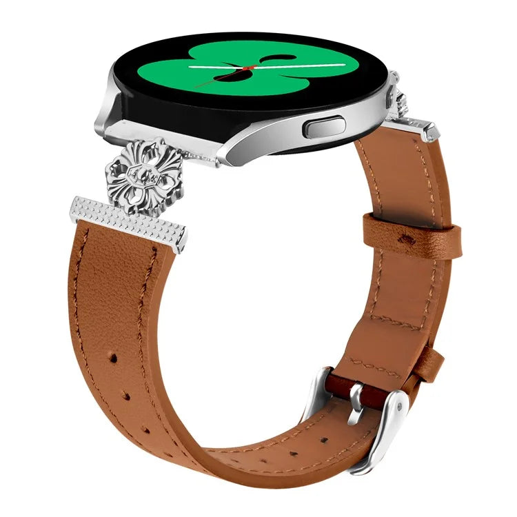 For Garmin vivoactive 5 / Garminactive 5 Watch Band Genuine Cow Leather Flower Decor Adjustable Strap